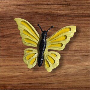 Yellow & Black Butterfly Metal Brooch Pin 2.75" Vintage Cutout Wings